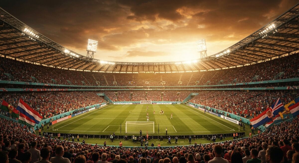A packed football stadium at dusk with colorful national flags in the crowd