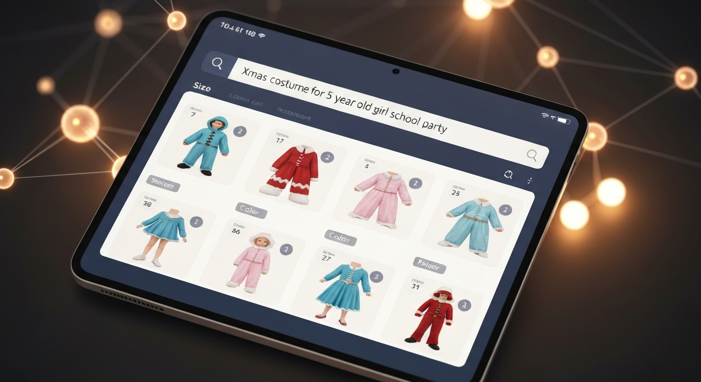An e-commerce search interface showing a natural language query and a personalized grid of children's costume products