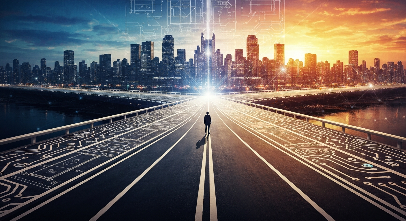 Three roads of art, design, and engineering converging toward a neural-network city skyline