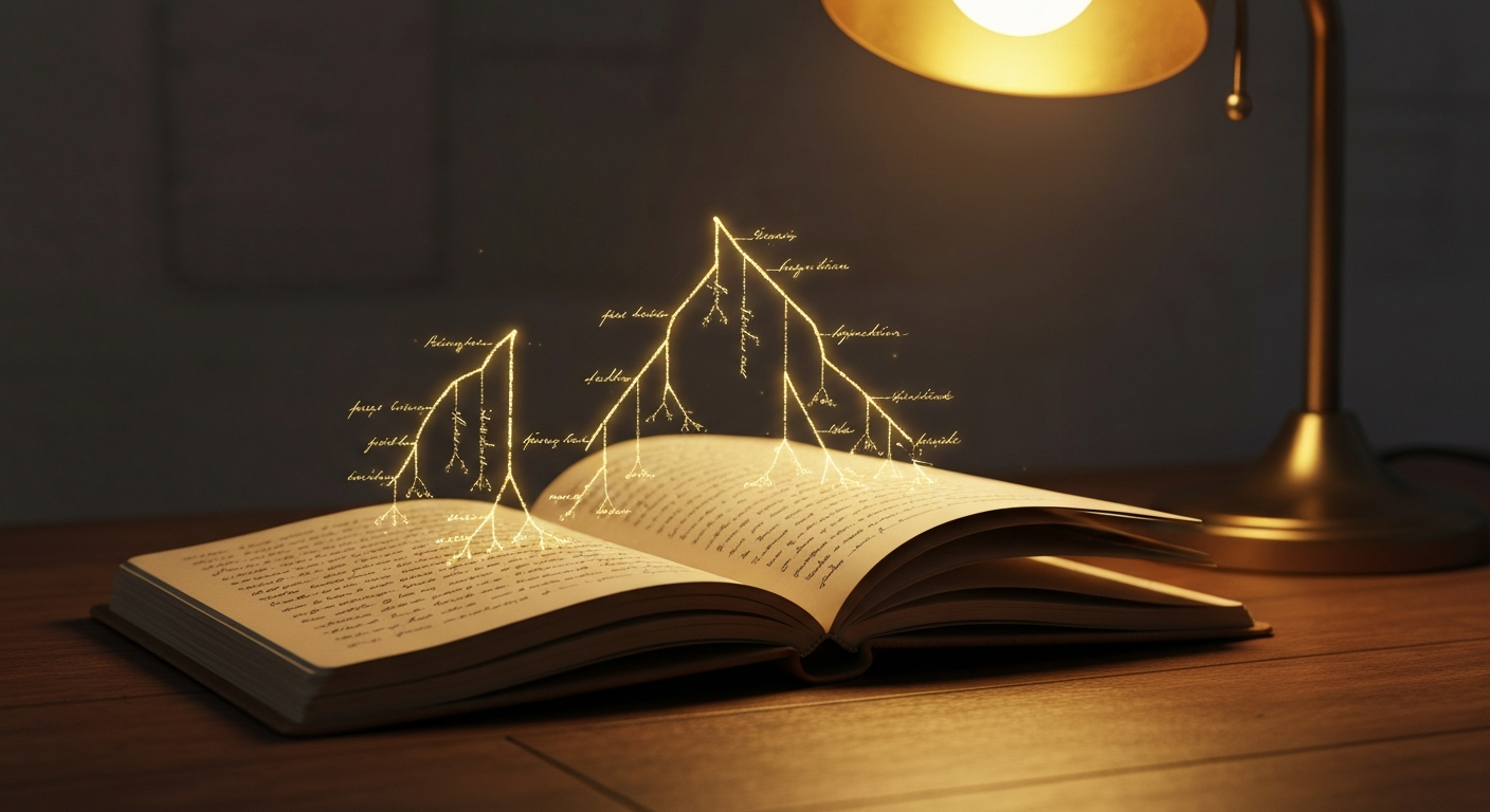 An open notebook whose handwritten entries become glowing branching paths of past decisions