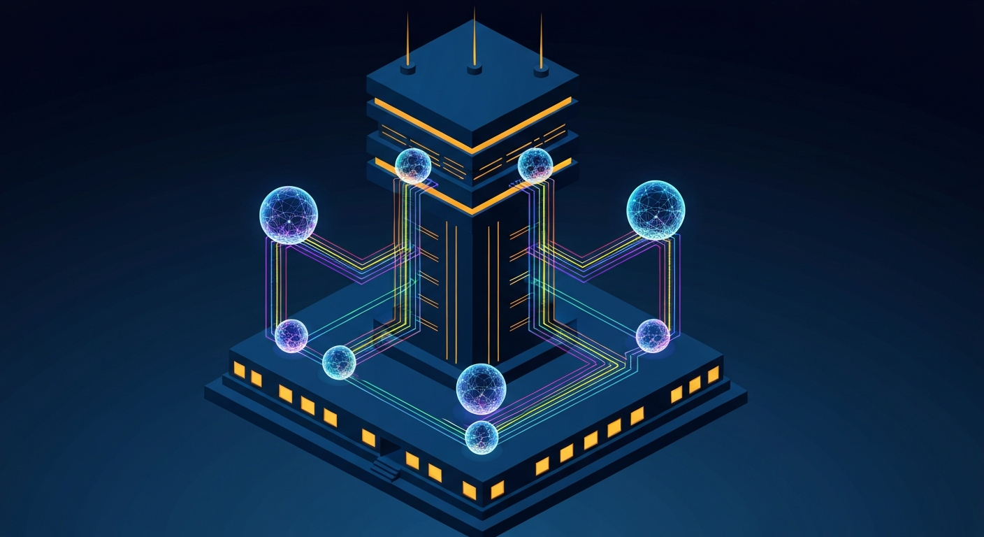 An isometric control tower routing glowing data streams between AI models