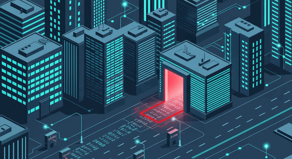 An isometric glowing doorway in a fortress wall with a stream of text flowing through it, one line highlighted red slipping past a checkpoint