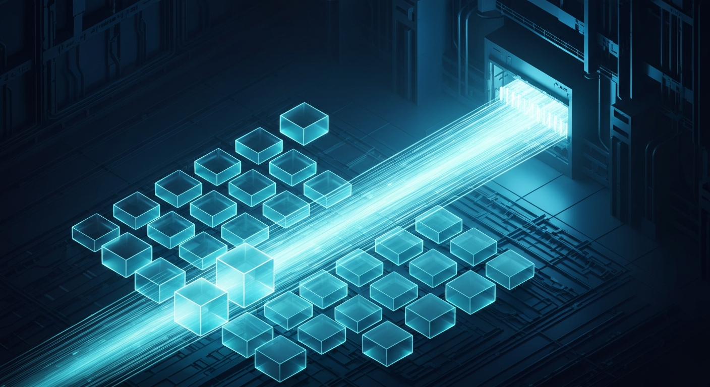 A glowing lattice of translucent cyan cubes catching streams of light before they reach a distant reactor core