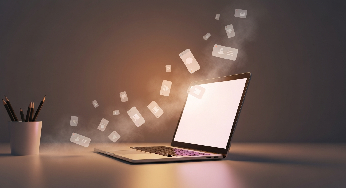 A single glowing browser tab above a laptop at dawn while dozens of faded ghost tabs dissolve into mist