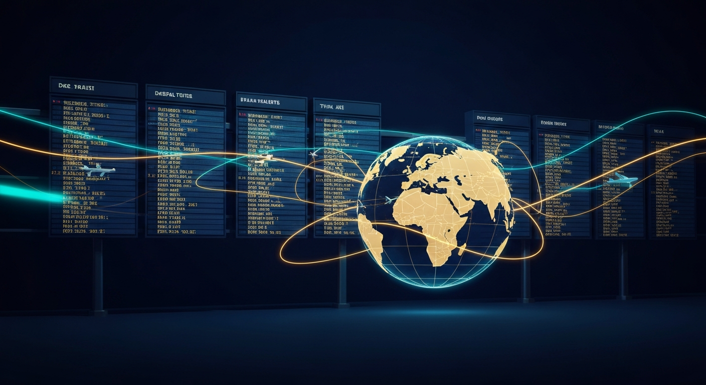 Airport departure board with cancelled flights overlaid by glowing AI network threads rerouting a flight path across a world map