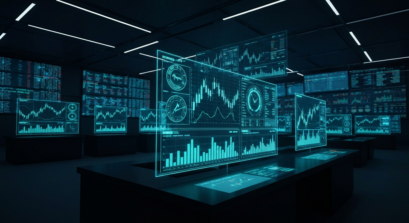 A dark trading floor with holographic AI risk gauges and glowing data streams