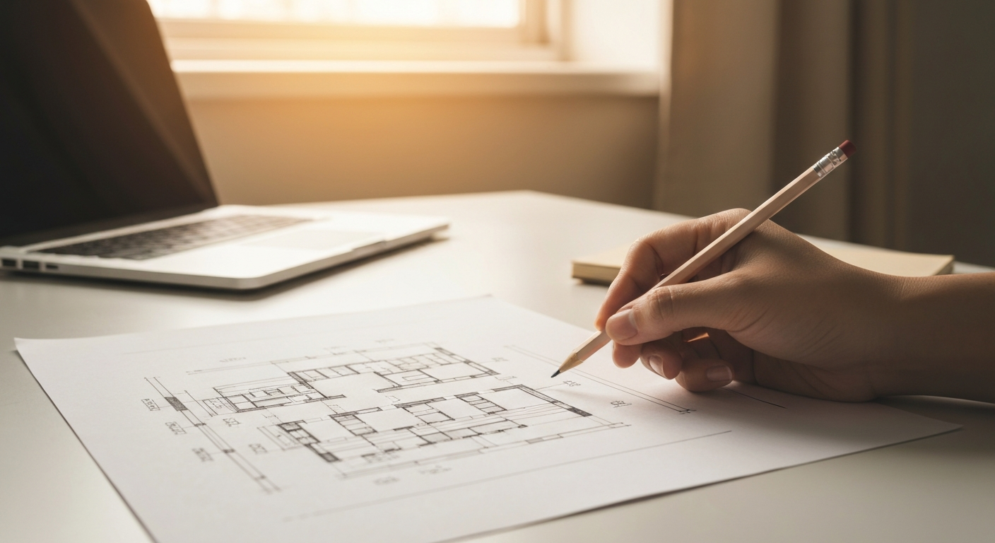 A hand sketching an architecture diagram on paper next to a glowing laptop