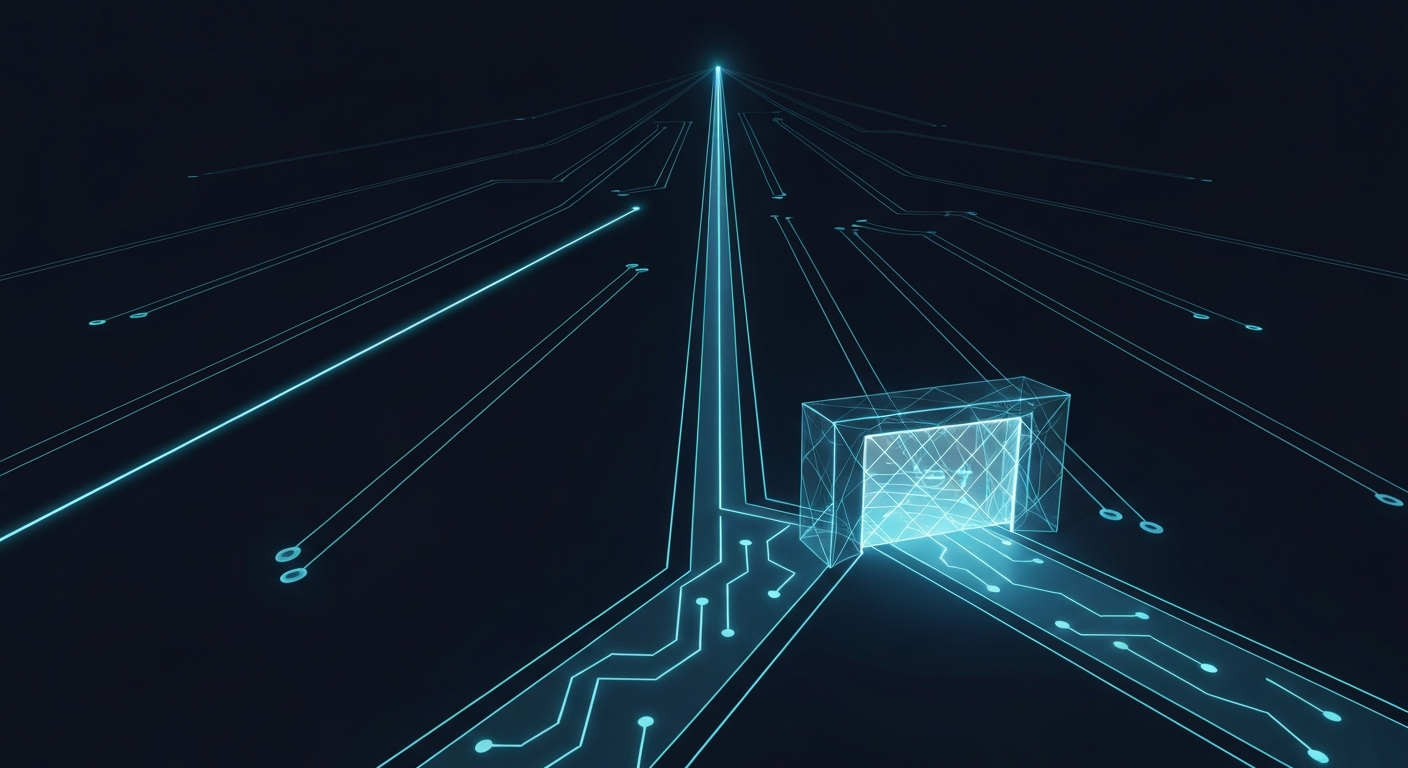 Abstract technical illustration of a single narrow glowing pathway branching into six paths, one passing through a faceted checkpoint gate, cool blue and teal circuit-like linework on dark navy