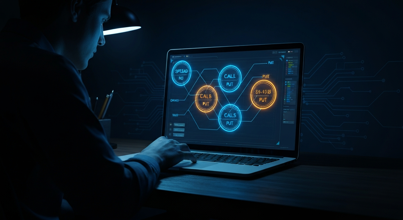 A trader's dark desk at night with a laptop glowing with translucent options payoff diagrams in blue and amber neon light