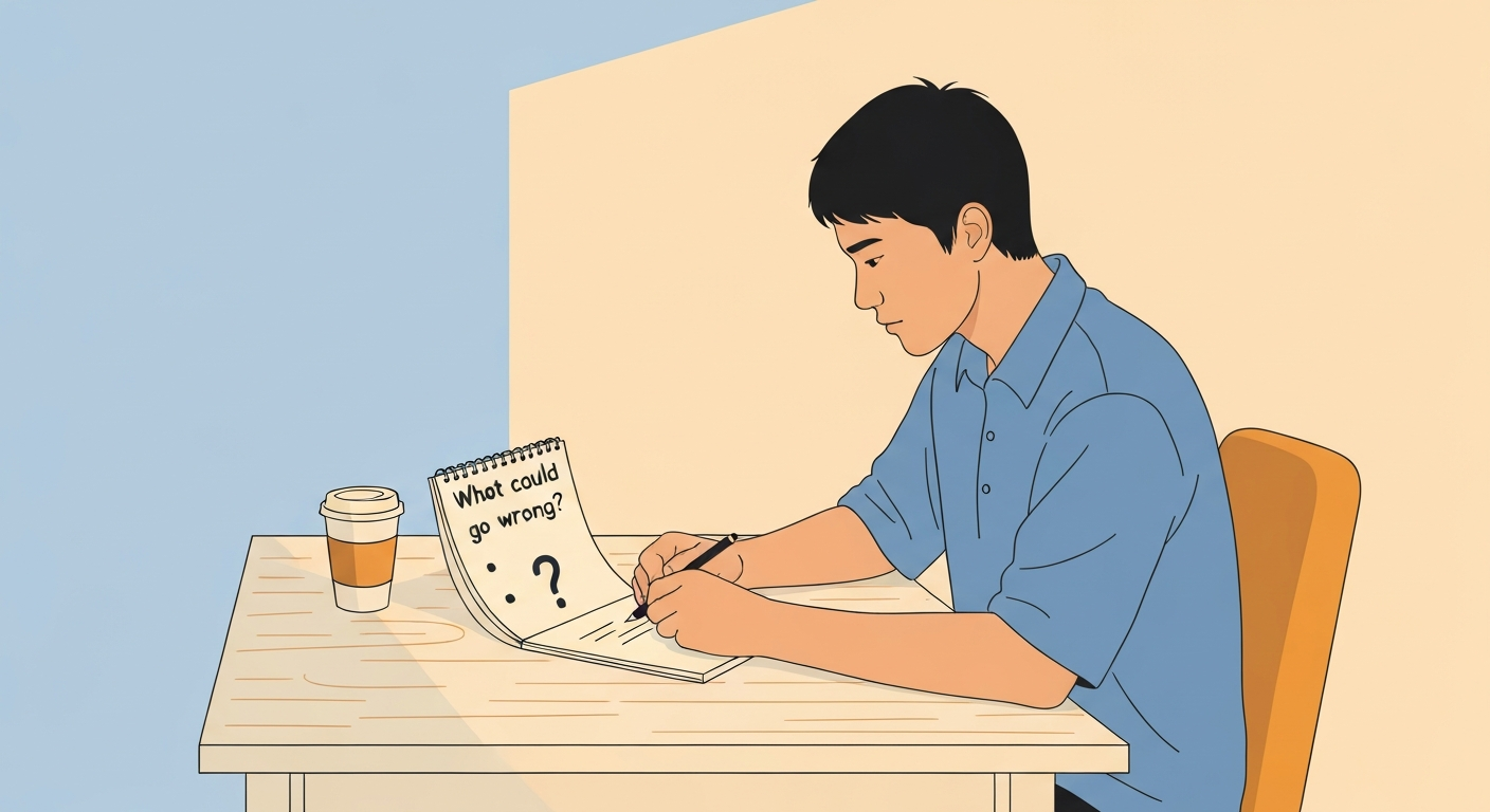 A flat illustration of someone at a desk in warm morning light sketching a short list on a notepad beside a coffee cup
